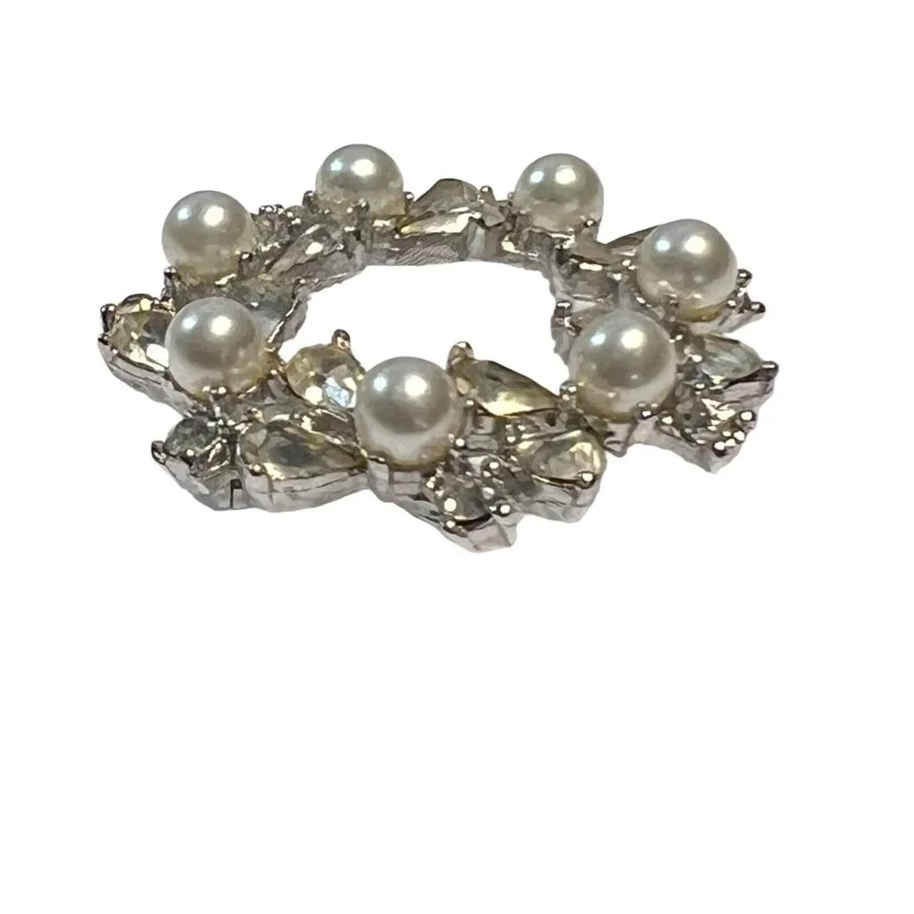Vintage Richelieu Brooch Wreath‎ Faux Pearl and Rhinestone Silver Tone Signed